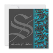 Invitation turquoise de mariage damassé de monogra