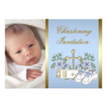 Invitations bleues de baptême de photo de bébé d'o