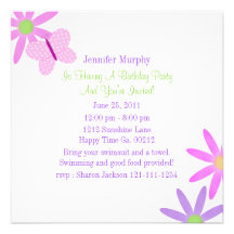 Invitations roses de partie de papillon et de fleu