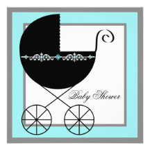 Invitations turquoises de baby shower de chariot d