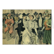 Jeunes mariés victoriens vintages sur un vélo carte de vœux