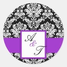 Joint pourpre de damassé de monogramme de mariage autocollants ronds