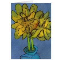 Jonquilles dans une carte de voeux de vase à bleu