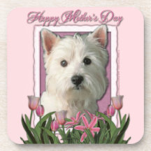 Jour de mères - tulipes roses - Westie Dessous-de-verre