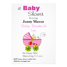Kinderwagen & babymeisje, baby shower uitnodiging