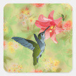 Kolibrie en Roze Lelie op BloemenPatroon Vierkante Stickers
