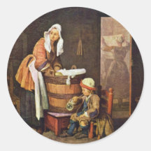 La blanchisseuse, par Chardin Jean-Baptiste Siméon Autocollants Ronds