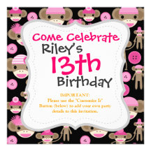 La chaussette rose Girly mignonne Monkeys des fill Invitations Personnalisées