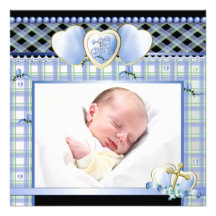 La photo bleue de bébé d'or de noir bleu de croix  invitations