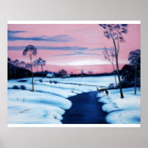 Le coucher du soleil d'un hiver affiches