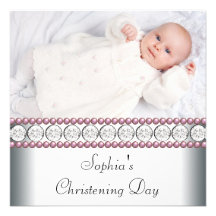Le rose perle le baptême blanc de photo de bébé invitations