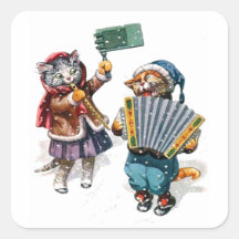 Les chats mignons jouent l'accordéon dans la neige stickers carrés