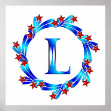Lettre bleue L étoiles de rouge de monogramme Affiches