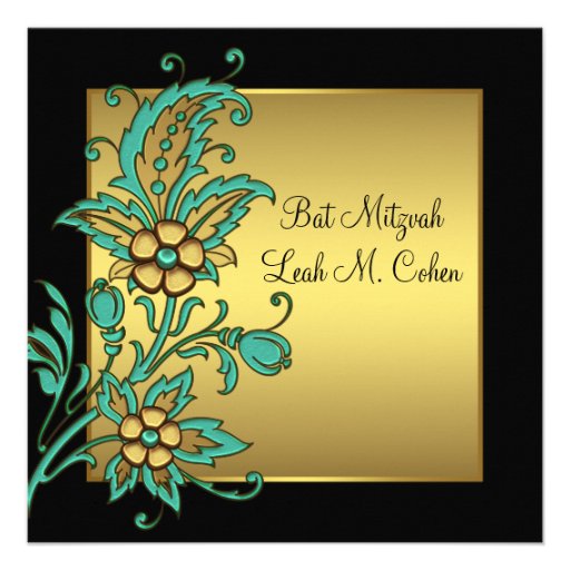 L'or turquoise fleurit le bat mitzvah noir d'or faire-part