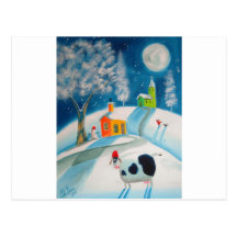 LUNE DE VACHE À SCÈNE DE NEIGE D'ART POPULAIRE CARTE POSTALE