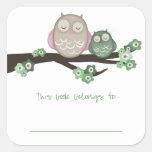 Maman Owl et ex-libris de bébé {vert} | Sticker Carré