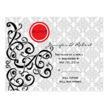 Mariage damassé noir et rouge moderne RSVP Carte Postale