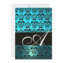 MONOGRAMME de DAMASSÉ de NOIR BLEU, turquase blanc