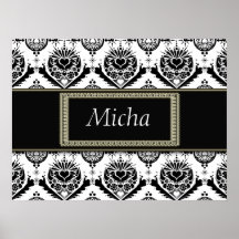 Monogramme d'or baroque chic noir et blanc affiches