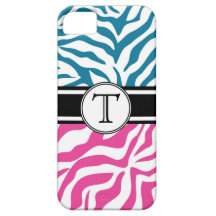 Motif bleu rose fendu de zèbre avec le monogramme coques iPhone 5 Case-Mate