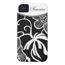 Motif de fleur tropical noir avec le nom coque Case-Mate iPhone 4