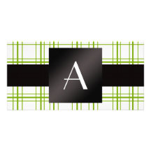 Motif vert et blanc de monogramme de plaid cartes avec photo