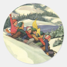 Noël vintage, enfants Sledding la neige d'hiver Adhésif