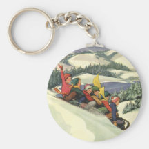 Noël vintage, enfants Sledding la neige d'hiver Porte-clefs