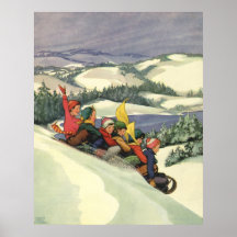 Noël vintage, enfants Sledding la neige d'hiver Posters