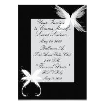 noir et blanc, ailes, conte de fées, sweet sixteen faire-part personnalisé