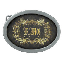 Noir et Remous-Monogramme floral fleuri d'or Boucles De Ceinture