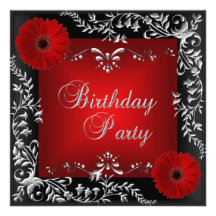 Noir floral argenté rouge de fête d'anniversaire invitations personnalisées