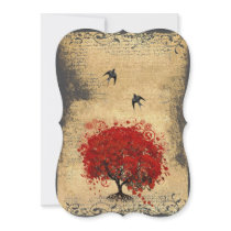 Oiseaux vintages d'arbre rouge de feuille de coeur