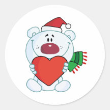 Ours blanc de Noël doux tenant un coeur Autocollants Ronds