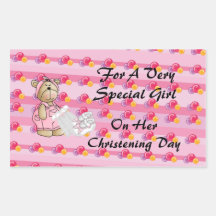 Ours de baptême de filles stickers en rectangle