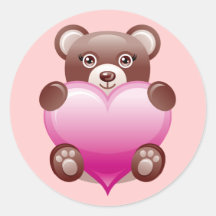 OURS TENANT LE COEUR ROSE AUTOCOLLANT ROND