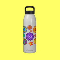 Paix, fleurs et bouteille d'eau de sourires bouteilles