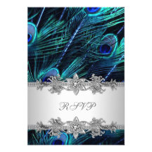 Paon argenté de bleu royal épousant RSVP Invitation Personnalisée