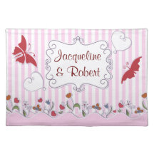 Papillons et coeurs floraux avec des rayures sets de table