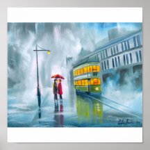 Parapluie de jour pluvieux de peinture à l'huile d posters