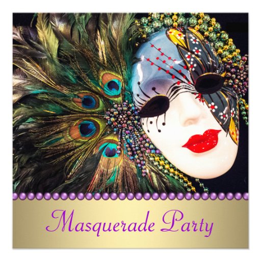 Partie pourpre de mascarade de masque de plume de  cartons d'invitation