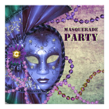 Partie pourpre verte de mascarade cartons d'invitation