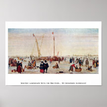 Paysage d'hiver avec des patineurs de glace poster