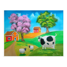 Peinture colorée de vache et de moutons à art popu carte postale