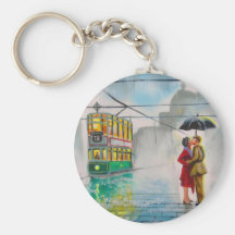 peinture romantique de tram de parapluie de couple porte-clefs