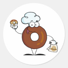 Personnage de dessin animé amical de beignet tenan autocollant rond