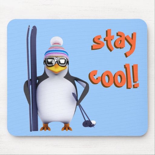 pingouin 3d frais avec des skis tapis de souris