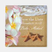 PixDezines bewaart Datum, strand+plumeria+zeester Koelkast Magneetje