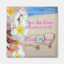 PixDezines bewaart Datum, Strand+Roze Plumeria+Har Koelkast Magneetje