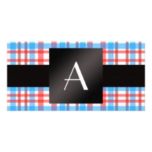 Plaid rouge et bleu de monogramme modèle pour photocarte